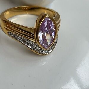 Vintage Costume Ring Gold Band Amethyst Gemstone And Zirconium Crystals